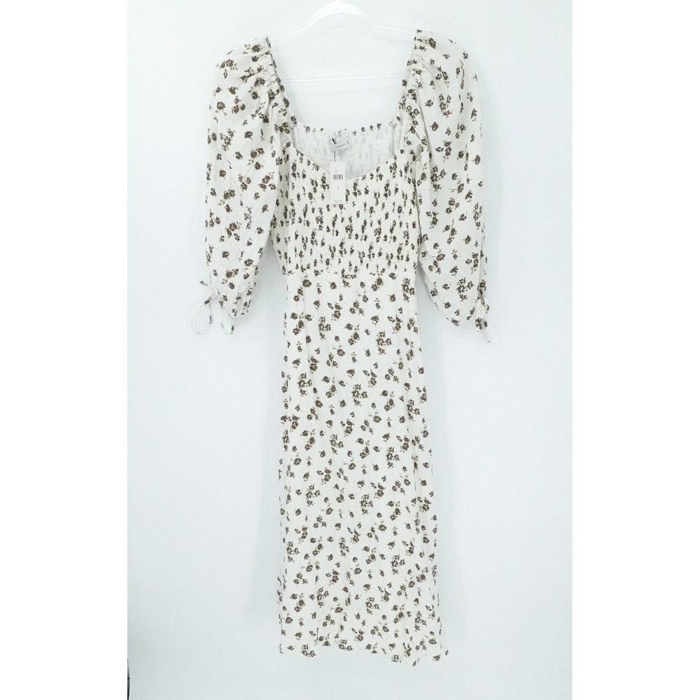 Faithfull The Brand Midi Dress 6‎ Cream Floral Puff Sleeve Smocked Cottagecore